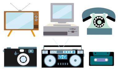 Retro elektronik, teknoloji kümesi. Eski, vintage, retro, yenilikçi, antika kadar zorlarım Tv, bilgisayar ile yumuşak ve sarkık yuvarlak yüzey, kamera, kaset ses kayıt cihazı, telefon ses kaset. Vektör çizim.