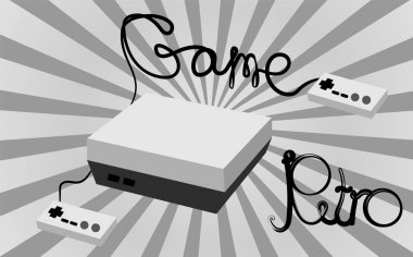 Siyah ve beyaz retro hipster dikdörtgen hacimsel vintage oyun konsolu ve gri bir arka plan üzerinde siyah telleri iki sevinçlerini ve düğmeleri ile yazan bir yazıt oyunu. Vektör çizim