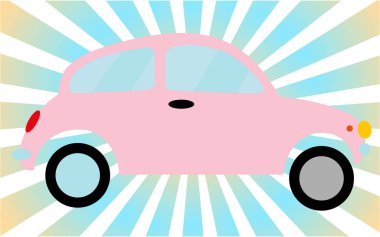 Pembe küçük eski retro hipster antika antika iki kapılı araba, hatchback mavi ışınlarına karşı. Vektör çizim