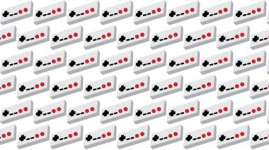 Bir desen gri eski retro vintage hipster oyun çubukları, manipülatörler, 80 's, 90 's video oyunları üzerinde beyaz bir arka plan için bir oyun konsolu için konsolları. Vektör sorunsuz çizim