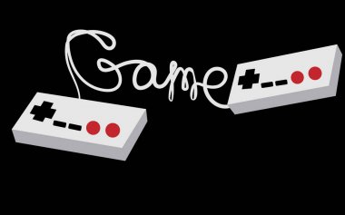 İki gri eski retro hipster oyun çubukları manipülatörler uzaktan kumanda üzerinden 80 's, 90 video oyun konsolları ve bir yazıt oyunu için bir telle bir siyah arka plan üzerine yazılmış. Vektör çizim