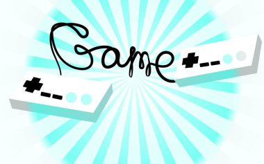 İki gri eski retro hipster oyun çubukları manipülatörler uzaktan kumanda üzerinden 80 's, 90 video oyun konsolları ve bir yazıt oyunu için bir tel turkuaz bir arka plan tarafından yazılmış. Vektör çizim