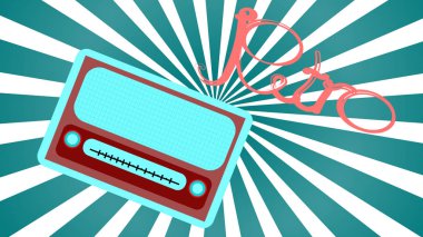 Bir mavi eski retro antika vintage dikdörtgen ilk hipster radyo, yuvarlak ses kontrolleri ile mavi bir arka plan karşı retro bir yazıt ile bir müzik radyo alıcısı.