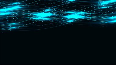 Mavi şeffaf soyut parlak büyülü kozmik büyülü enerji hatları, ışınları ile parlak nokta ve noktalar ve yukarıdan koyu mavi zemin üzerine ışık parlar. Vektör çizim.