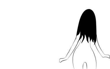 Narin, kırılgan siyah beyaz ihale ile küçük kız güzel bir ince rakam uzun saçlı beyaz bir arka plan üzerinde çizgilerle çizilmiş ile geri döndü. Vektör çizim