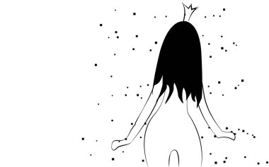 İnce, kırılgan siyah beyaz küçük ihale Prenses kız bir taç ile güzel bir ince rakam ile uzun saçlı beyaz bir arka plan üzerinde çizgilerle çizilmiş ile geri döndü. Vektör çizim