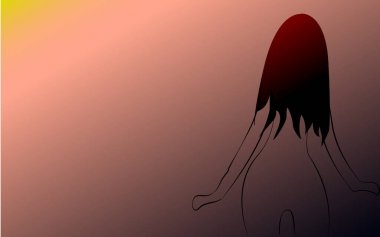 İnce, narin küçük bir ışık, güzel bir ince rakam nazik kızla uzun saçlı mavi bir arka plan üzerinde siyah çizgiler ile boyalı ile geri döndü. Vektör çizim