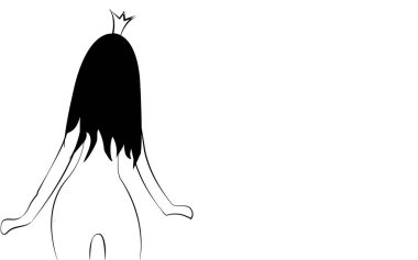 İnce, kırılgan siyah beyaz küçük ihale Prenses kız bir taç ile güzel bir ince rakam ile uzun saçlı beyaz bir arka plan üzerinde çizgilerle çizilmiş ile geri döndü. Vektör çizim