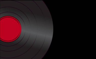 Siyah canlı müzik analog retro eski antika hipster antika gramofon kaydı ile bir gramofon Soldaki siyah bir zemin üzerine kırmızı bir merkezi. Vektör çizim