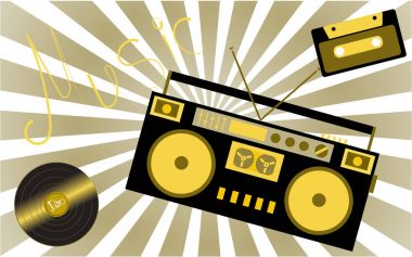 Sarı müzikal analog retro eski hippi antika gramofon vinil kayıt, audiocassette, müzik kayıt cihazı 80s 90s ve müzik arka planda ışınların bir yazıt. Vektör çizim