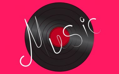 Siyah yanardöner vinil müzikal analog retro eski antika antika hipster antika gramofon kaydı vinil gramofon ve yazıt müzik pembe bir arka plan üzerinde. Vektör çizim