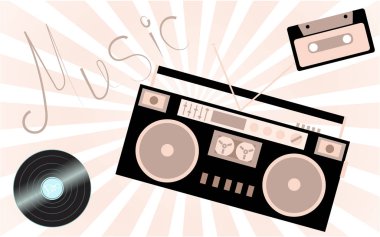 Bej müzikal analog retro eski hippi antika gramofon vinil kaydı, audiocassette, 80's 90 's dan müzikal ses kayıt cihazı ve bir yazıt müzik arka plan kiriş üzerinde. Vektör çizim