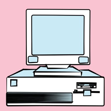 Eski retro vintage antik hipster eski sabit ile kişisel bilgisayar bir sistem birimi ve pembe bir arka plan bir flop altta. Vektör çizim