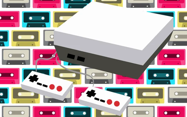 旧白のレトロなビンテージ アンティーク流行に敏感なゲーム ビデオ ゲームのコンソールとマルチカラーのオーディオ カセットの背景に 年代からの つのジョイスティック ベクトル図 — ストックベクタ