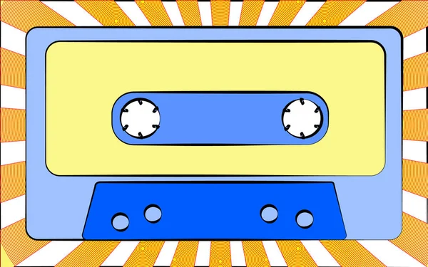 古いレトロなビンテージ アンティーク ヒップスター音楽オーディオ カセット テープ黄色光線を背景にテープ レコーダーを ベクトル図 — ストックベクタ