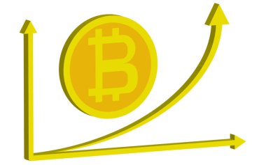 Kadar para bitcoin, blockchein teknoloji, kripto para birimi, kavramı zengin beyaz bir arka plan üzerinde büyüyen hızlı sarı büyüme grafik bitcoin. Vektör çizim.