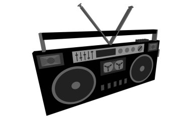 Siyah ve beyaz 3d, hacimsel, müzikal, retro, yenilikçi, antika, eski, antik, kaset ses kaydedici, Müzik Merkezi'nden 80's, 90 's beyaz zemin üzerinde. Vektör çizim.