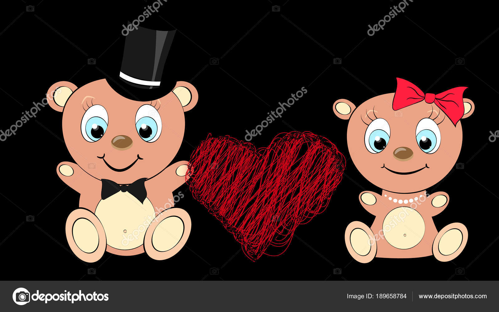 Two Lovers Cute Beautiful Brown Bear Girl And Boy With Big Head And Blue Eyes In A Cylinder And Bow Tie Bow And Pearl Necklace On A Black Background And Two Lovers Cute Beautiful Brown Bear Girl And Boy With Big Head And Blue Eyes In A Cylinder And Bow Tie Bow And Pearl Necklace On A Black Background And