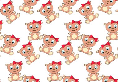 Sevimli, güzel, kahverengi, kibar, çocukça, gülümseyen ayı kız koca kafa ve bir yay ve beyaz zemin üzerine inci kolye mavi gözlü deseni. Vektör sorunsuz çizim