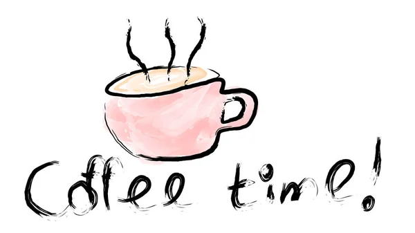 一杯粉红色的美味的热褐色咖啡手工画与油漆与美丽的蒸汽和咖啡时间题字隔离在白色背景 矢量插图 — 图库矢量图片