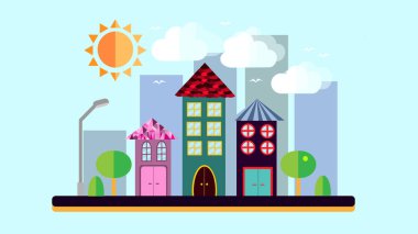 Şehir manzarası düz tarzı. Bir şehir eğimli bir çatı ve çeşitli güzel sıradışı çinileri ile güneş parlayan bir fener ile bulutlar ve mavi bir arka plan üzerinde ağaçlar. Vektör çizim.