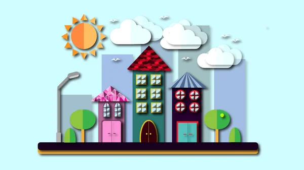 City landscape in a flat style with shadows. The city with houses with sloping roof and various beautiful tiles with a lantern sun-shining clouds and trees on a blue background. Vector illustration