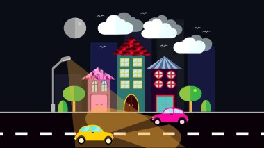 Bir gece şehir, düz stil eğimli kiremit çatılı evler, ışıklar, ağaçlar, kuşlar, bulutlar, moon, fener koyu mavi zemin üzerine geceleri parlayan yol, araba ile küçük bir kasaba. Vektör çizim