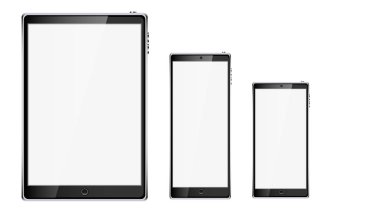 Siyah gerçekçi mobil akıllı dokunmatik tablet bilgisayar ve iki cep telefonları, smartphone ile parlak boş perde beyaz arka plan üzerinde izole kopya alanı ile. Vektör çizim
