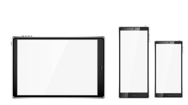 Siyah gerçekçi mobil akıllı dokunmatik tablet bilgisayar ve iki cep telefonları, smartphone ile parlak boş perde beyaz arka plan üzerinde izole kopya alanı ile. Vektör çizim