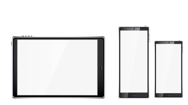 Schwarzer Realistischer Smart Touchscreen Tablet Computer Und Zwei Mobiltelefone Smartphone — Stockvektor