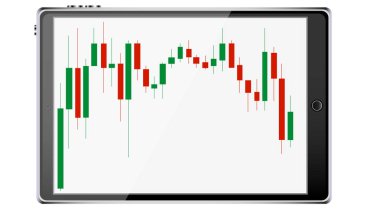 Gerçekçi mobil akıllı ince tablet bilgisayar, fiyat bir exchange grafik tablet çerçeve beyaz arka plan üzerinde izole bir ekranda Japon mum şeklinde değiştirir. Vektör çizim