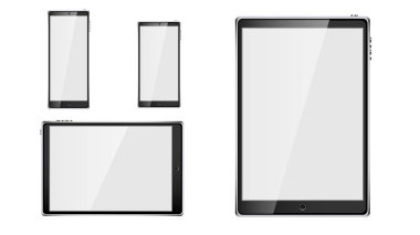 Siyah gerçekçi tablet bilgisayar mobil akıllı akıllı cep telefonu, akıllı telefon ile parlak boş boş perde beyaz arka plan üzerinde izole kümesi. Vektör çizim