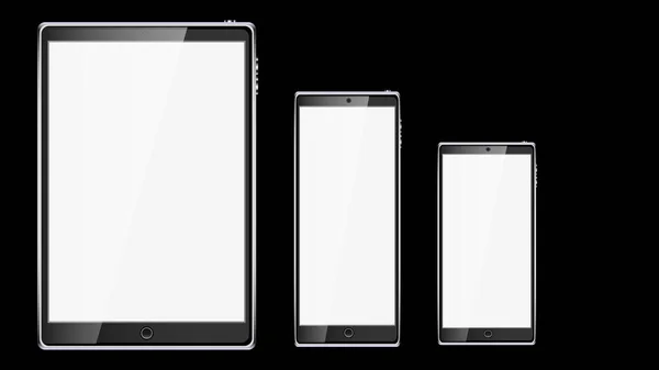 黒の現実的なタブレット コンピューター モバイル スマート スマート携帯電話 黒い背景に分離された光沢のある空光る画面を持つスマート フォンのセットです ベクトル図 — ストックベクタ