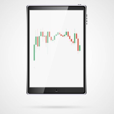 Siyah gerçekçi büyük dikey akıllı dokunmatik mobil tablet bilgisayarınızla Japon mum aralığı grafik olarak hisse senedi fiyatları, fiyatlar hammadde, vektör çizim için değişiklikler