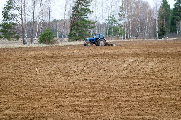 Blauwe Kleine Krachtige Trekker Agrimotor Het Veld Plows Zaait Gewassen — Stockfoto