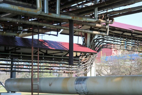 Pipeline overpass with iron rusty pipes for pumping liquid, condensate with outlets and drains in oil refinery, petrochemical, chemical plant against the background of grass, landscape.