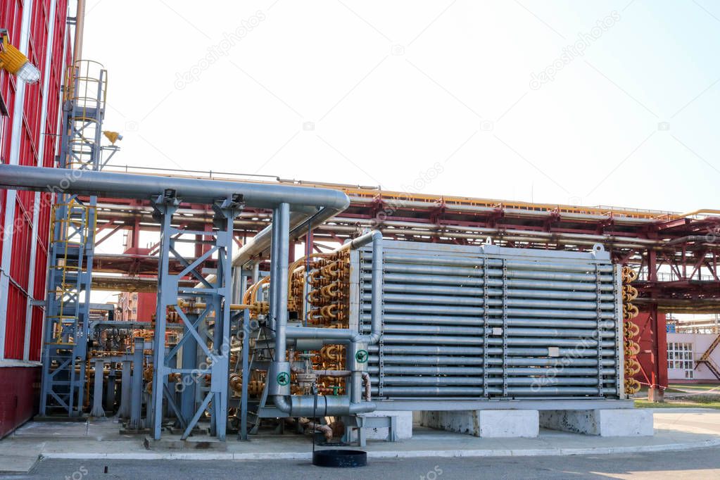 A blue tubular reactor, a pipe-type heat exchanger in a pipe to produce high-pressure polyethylene at an oil refinery, petrochemical, chemical plant.