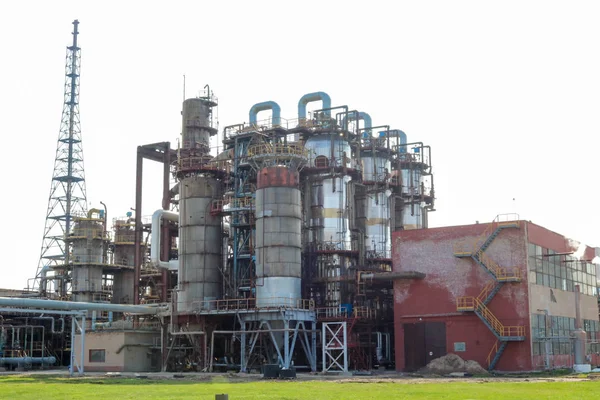 Chemical plant for the processing of petroleum products with rectification columns, reactors, heat exchangers, pipes at an oil refinery, petrochemical, chemical plant.