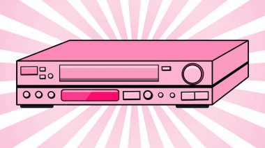 Pembe eski vintage üç boyutlu retro hipster antika video kaydedici film izlerken, 80 's, 90 's pembe ışınlarının bir arka plan üzerinde'video için videocassettes için. Vektör çizim.
