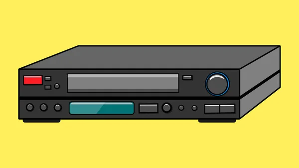 黒古いビンテージ レトロな流行に敏感なアンティークのビデオ レコーダー黄色背景に映画を観るためのビデオテープ ベクトル図 — ストックベクタ