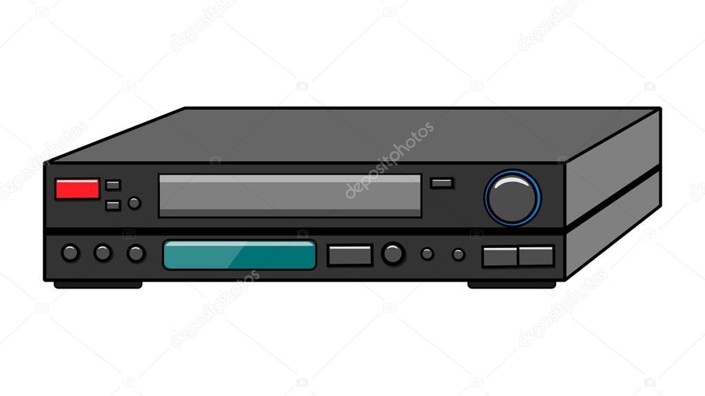 Black old vintage retro hipster antique video recorder for videocassettes for watching movies, video on white background. Vector illustration.