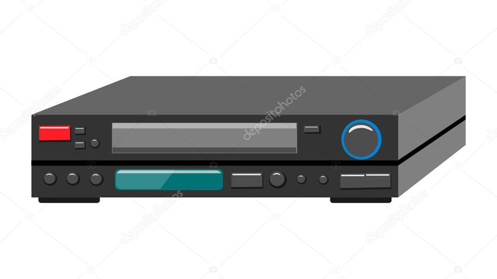 Black old vintage volumetric retro hipster antique video recorder for videocassettes for watching movies, videos from the 80's, 90's without strokes on a white background. Vector illustration.