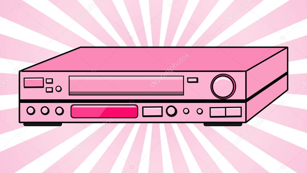Pink old vintage three-dimensional retro hipster antique video recorder for videocassettes for watching movies, videos from the 80's, 90's on a background of pink rays. Vector illustration.