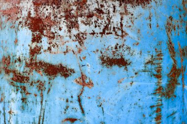 Sarı paslı eski eski sefil kaba paslı eşsiz pas, oksitlenmiş metal, mavi soyma boya, arka plan üzerinde demir Doku