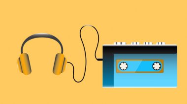 Ses kasetleri 80 's, 90 's oynamak için mavi eski retro vintage hipster gerçekçi hacimsel taşınabilir müzik kaset ses çalar ve turuncu bir arka plan üzerinde kulaklık. Vektör çizim