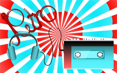 Mavi eski retro vintage hipster gerçekçi hacimli taşınabilir müzik kaset ses çalar için 80 's, 90's ve soyut ışınlarının bir arka plan üzerinde kulaklık üzerinden uyan. Vektör çizim