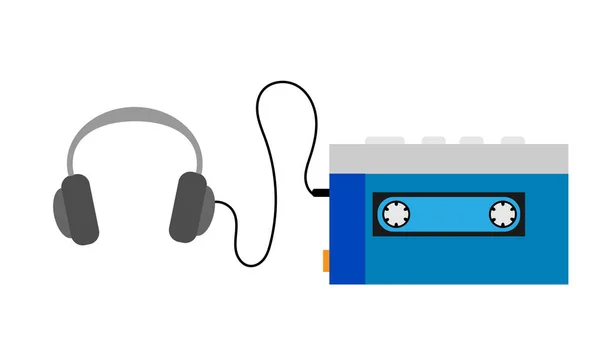 青い古いレトロなビンテージ アンティーク ヒップスター ポータブル音楽カセット オーディオ プレーヤー 年代からオーディオ カセット テープの再生と黒の大きなヘッドフォン ベクトル図 — ストックベクタ