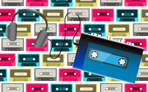 青い古いレトロなビンテージ ヒップスター現実的なポータブル音楽カセット オーディオ プレーヤー 年代そしてカセットの背景にヘッドフォンからオーディオ カセット用 ベクトル図 — ストックベクタ