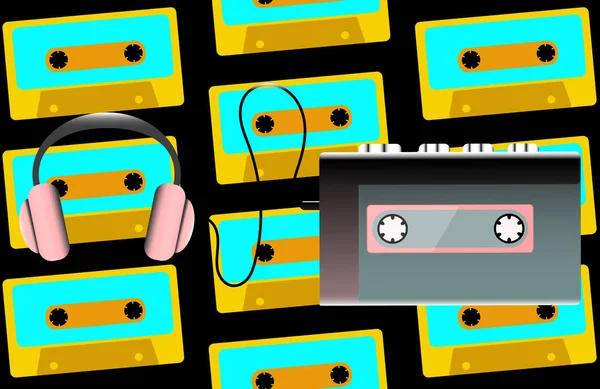 灰色古いレトロなビンテージ ヒップスター ポータブル音楽カセット オーディオ プレーヤー 年代そしてカセットの背景にヘッドフォンからオーディオ カセット用 ベクトル図 — ストックベクタ