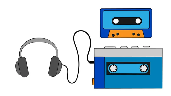 蓝色老式复古复古时髦的便携式音乐盒音频播放器从 录音带和耳机的白色背景 矢量插图 — 图库矢量图片